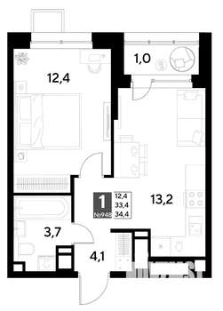 1-к квартира, строящийся дом, 34м2, 12/21 этаж