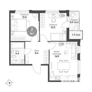 2-к квартира, вторичка, 56м2, 7/8 этаж