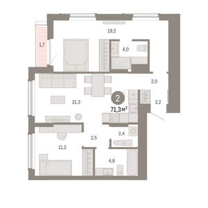 2-к квартира, вторичка, 71м2, 13/16 этаж