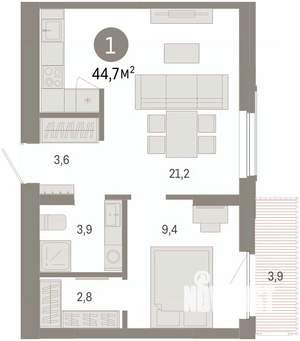 1-к квартира, вторичка, 45м2, 3/16 этаж