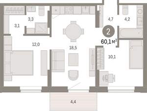 2-к квартира, вторичка, 60м2, 5/9 этаж