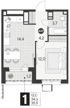 1-к квартира, строящийся дом, 36м2, 13/21 этаж