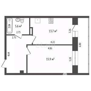 1-к квартира, вторичка, 46м2, 5/9 этаж