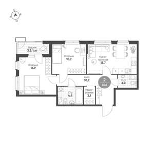 2-к квартира, строящийся дом, 62м2, 6/15 этаж