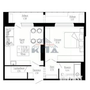 1-к квартира, строящийся дом, 53м2, 5/16 этаж