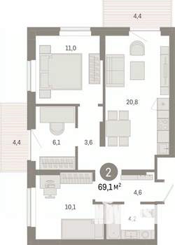 3-к квартира, вторичка, 69м2, 6/17 этаж