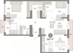 3-к квартира, вторичка, 102м2, 9/17 этаж