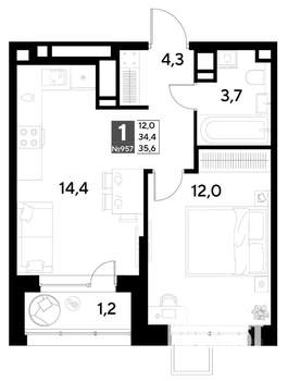 1-к квартира, строящийся дом, 36м2, 13/21 этаж