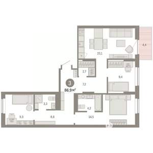 3-к квартира, вторичка, 87м2, 7/9 этаж