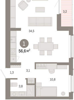 1-к квартира, вторичка, 57м2, 3/16 этаж