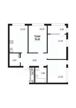 3-к квартира, строящийся дом, 76м2, 12/16 этаж
