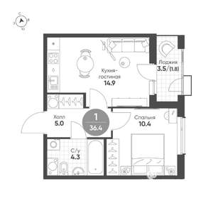1-к квартира, строящийся дом, 36м2, 7/15 этаж