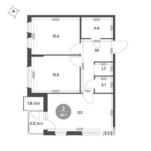 2-к квартира, вторичка, 60м2, 2/3 этаж