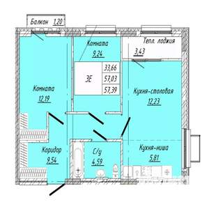 2-к квартира, строящийся дом, 57м2, 8/8 этаж