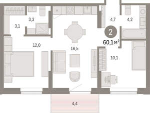 2-к квартира, вторичка, 60м2, 7/9 этаж