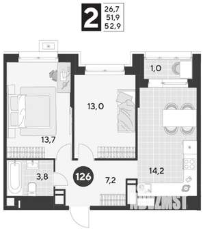 2-к квартира, строящийся дом, 53м2, 14/21 этаж