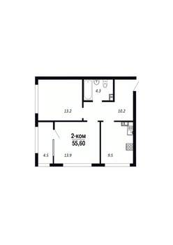 2-к квартира, строящийся дом, 56м2, 6/22 этаж