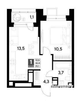 1-к квартира, строящийся дом, 33м2, 18/21 этаж
