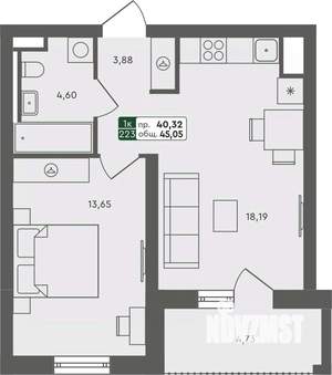1-к квартира, вторичка, 45м2, 5/7 этаж