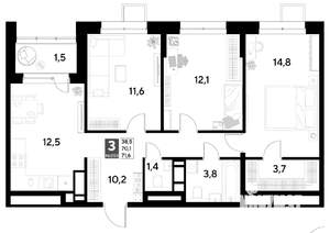 3-к квартира, строящийся дом, 72м2, 12/21 этаж