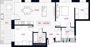 2-к квартира, строящийся дом, 94м2, 2/15 этаж