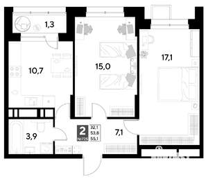 2-к квартира, строящийся дом, 55м2, 13/21 этаж