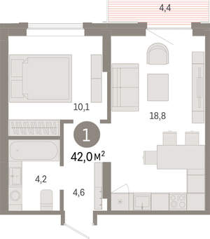 1-к квартира, вторичка, 42м2, 7/9 этаж