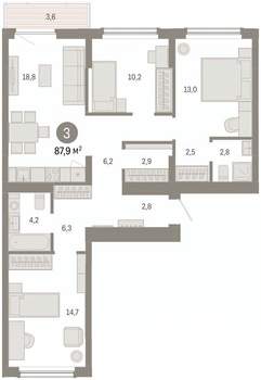 3-к квартира, вторичка, 88м2, 3/16 этаж