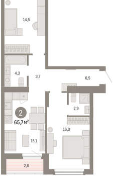 2-к квартира, вторичка, 66м2, 2/16 этаж