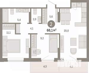 2-к квартира, вторичка, 66м2, 7/9 этаж