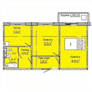 2-к квартира, строящийся дом, 58м2, 3/10 этаж