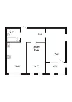 2-к квартира, строящийся дом, 64м2, 2/14 этаж