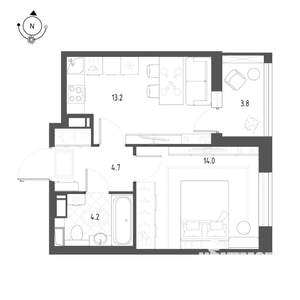 1-к квартира, строящийся дом, 38м2, 3/12 этаж