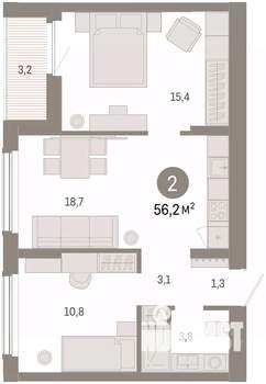 2-к квартира, вторичка, 56м2, 3/16 этаж
