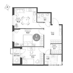 2-к квартира, вторичка, 65м2, 9/15 этаж