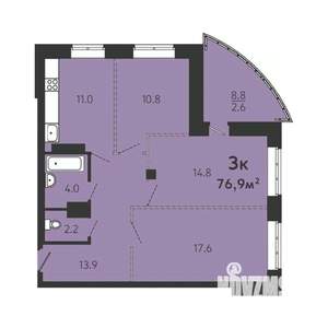 3-к квартира, строящийся дом, 74м2, 13/16 этаж