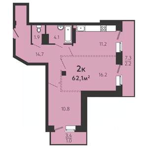 2-к квартира, строящийся дом, 59м2, 1/16 этаж