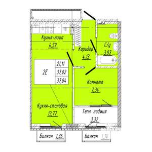 1-к квартира, вторичка, 38м2, 6/8 этаж