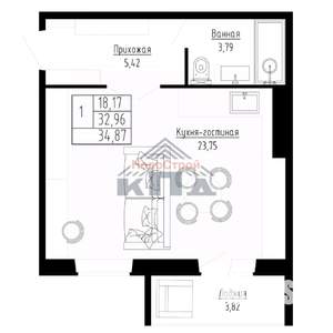 1-к квартира, строящийся дом, 35м2, 6/8 этаж