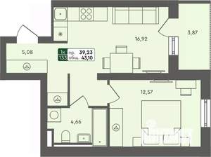 1-к квартира, строящийся дом, 43м2, 2/7 этаж