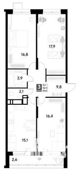 3-к квартира, строящийся дом, 85м2, 9/21 этаж