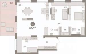 3-к квартира, сданный дом, 135м2, 1/17 этаж
