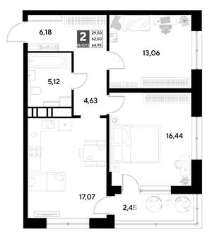 2-к квартира, строящийся дом, 65м2, 3/21 этаж