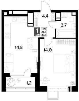 1-к квартира, строящийся дом, 38м2, 1/21 этаж