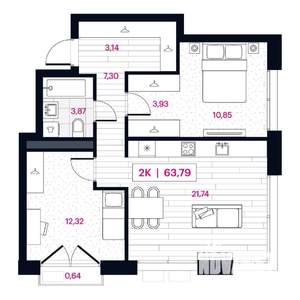 2-к квартира, вторичка, 64м2, 3/15 этаж