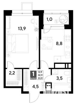 1-к квартира, строящийся дом, 34м2, 13/21 этаж