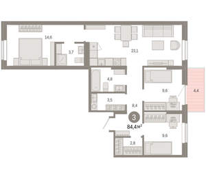 3-к квартира, вторичка, 84м2, 6/9 этаж