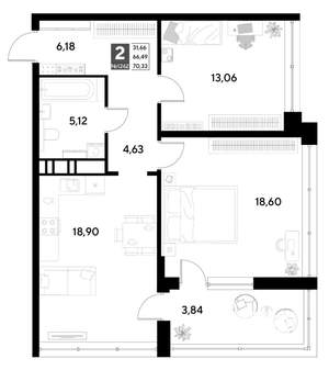 2-к квартира, строящийся дом, 70м2, 20/22 этаж