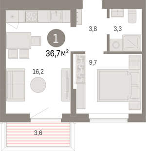 1-к квартира, вторичка, 37м2, 2/9 этаж