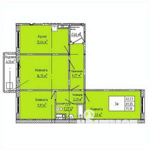 3-к квартира, строящийся дом, 71м2, 7/10 этаж